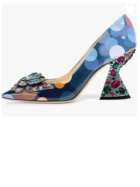 YDN Blue Halo Butterfly Pumps Colorful Crystal High Heels Studded Slip On Shoe